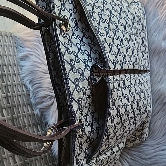 Anya Hindmarch logo blue and gray canvas tote leather handles leather